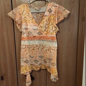 Obe Y2K Babydoll Tie Back Flutter Sleeve Sheer Top Shirt Patterned Size XL